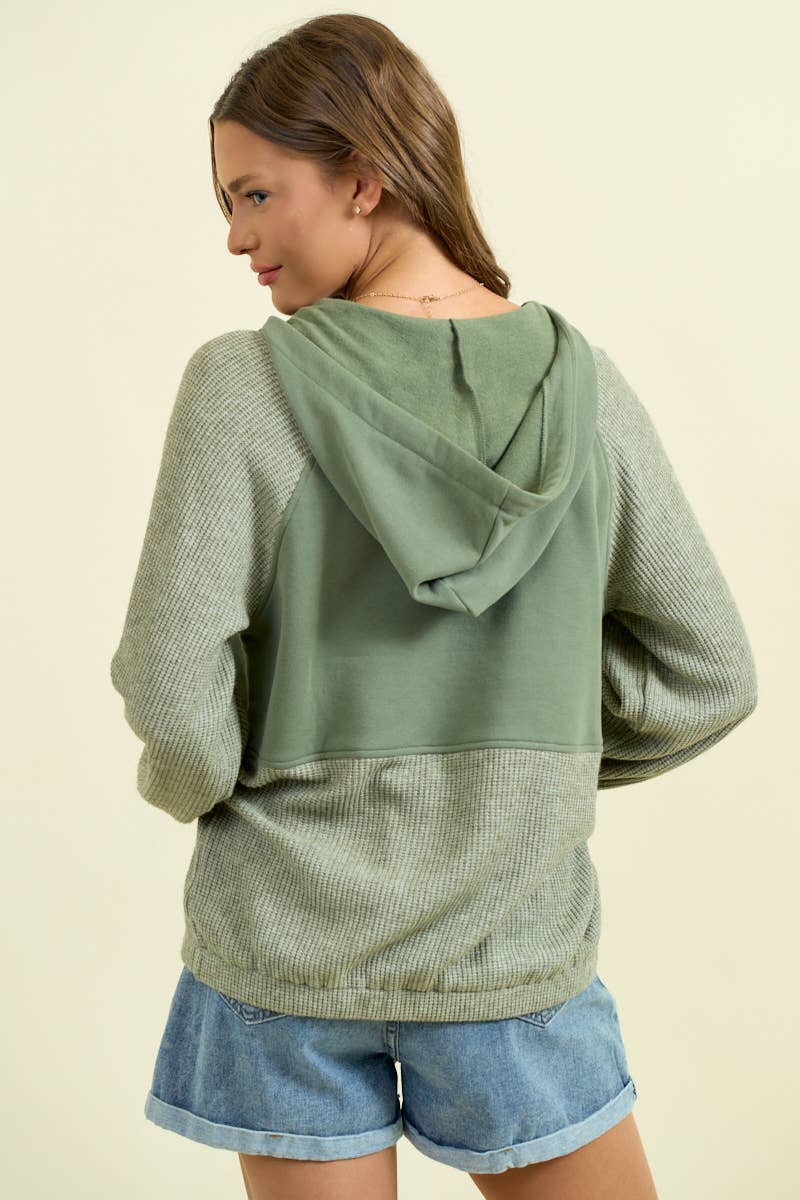 FLEECE & SOFT KNIT RIB MIXED HALF ZIP UP HOODIE