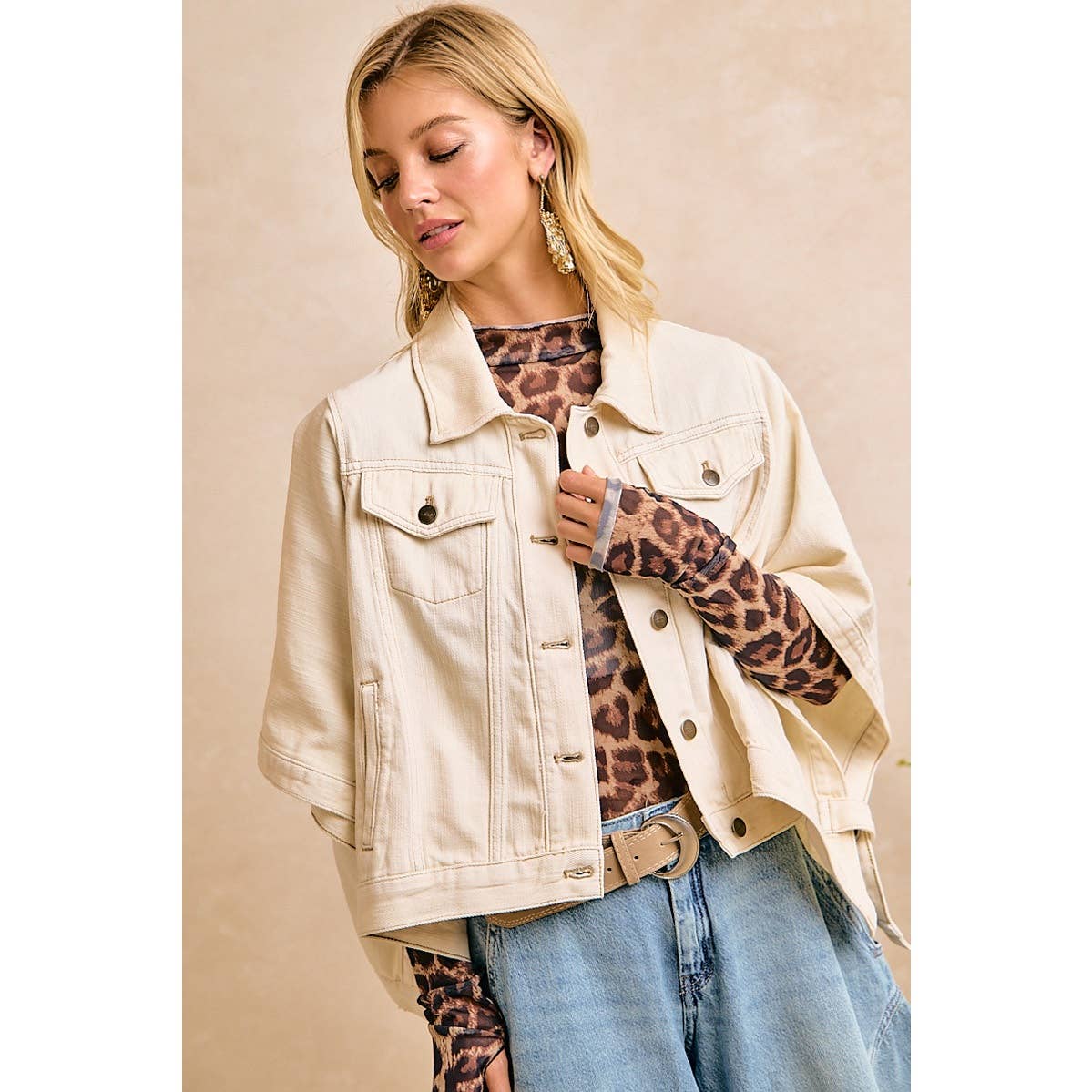 IVORY OVERSIZED CAPE SLEEVE CROPPED DENIM JACKET