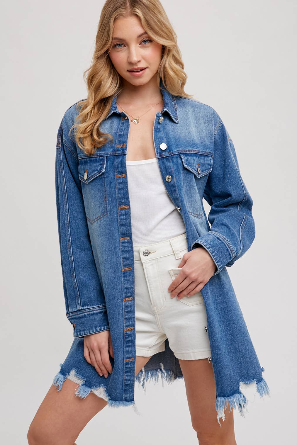 DISTRESSED FRAYED-TRIM DENIM SHIRT JACKET