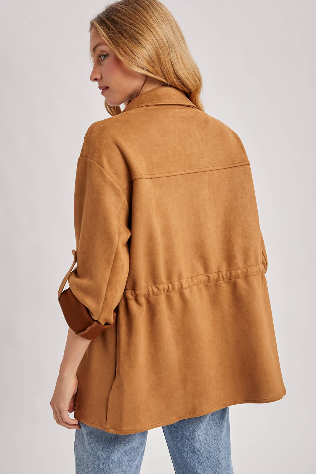 FAUX SUEDE BUTTON DOWN ROLL-UP SLEEVE SHACKET