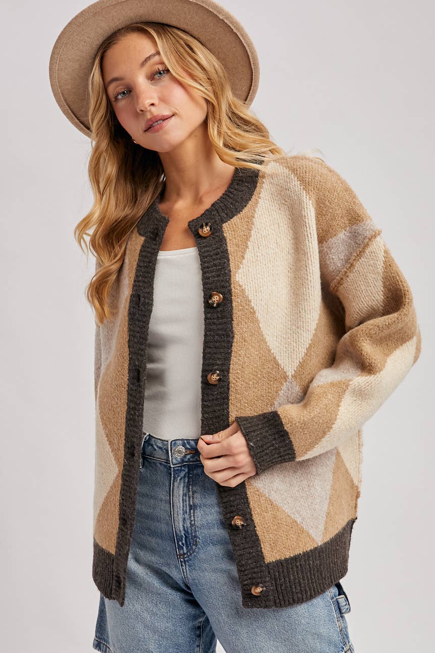 BUTTON DOWN ARGYLE KNIT SWEATER CARDIGAN