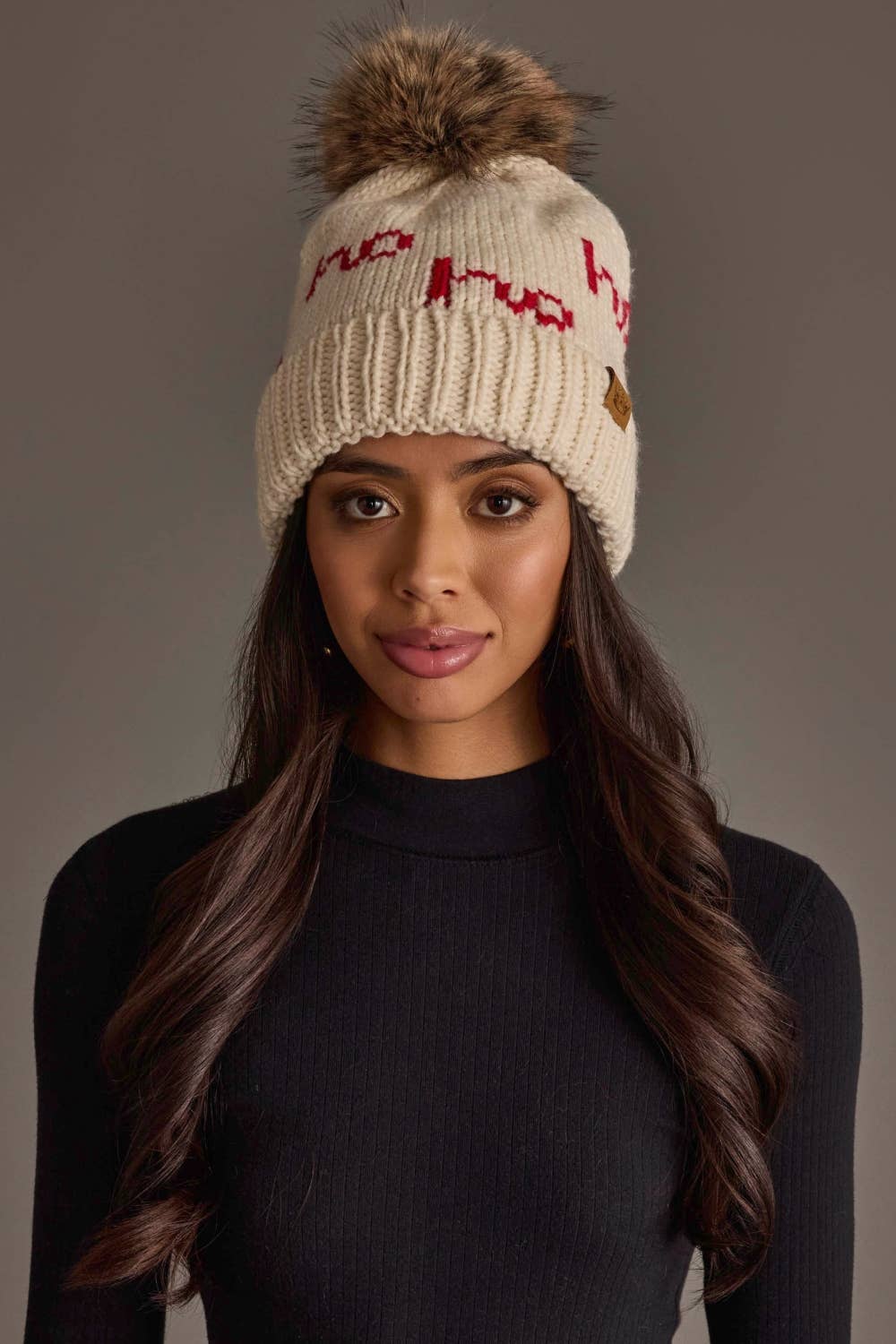 Beige & Red Ho Ho Ho Pom Hat