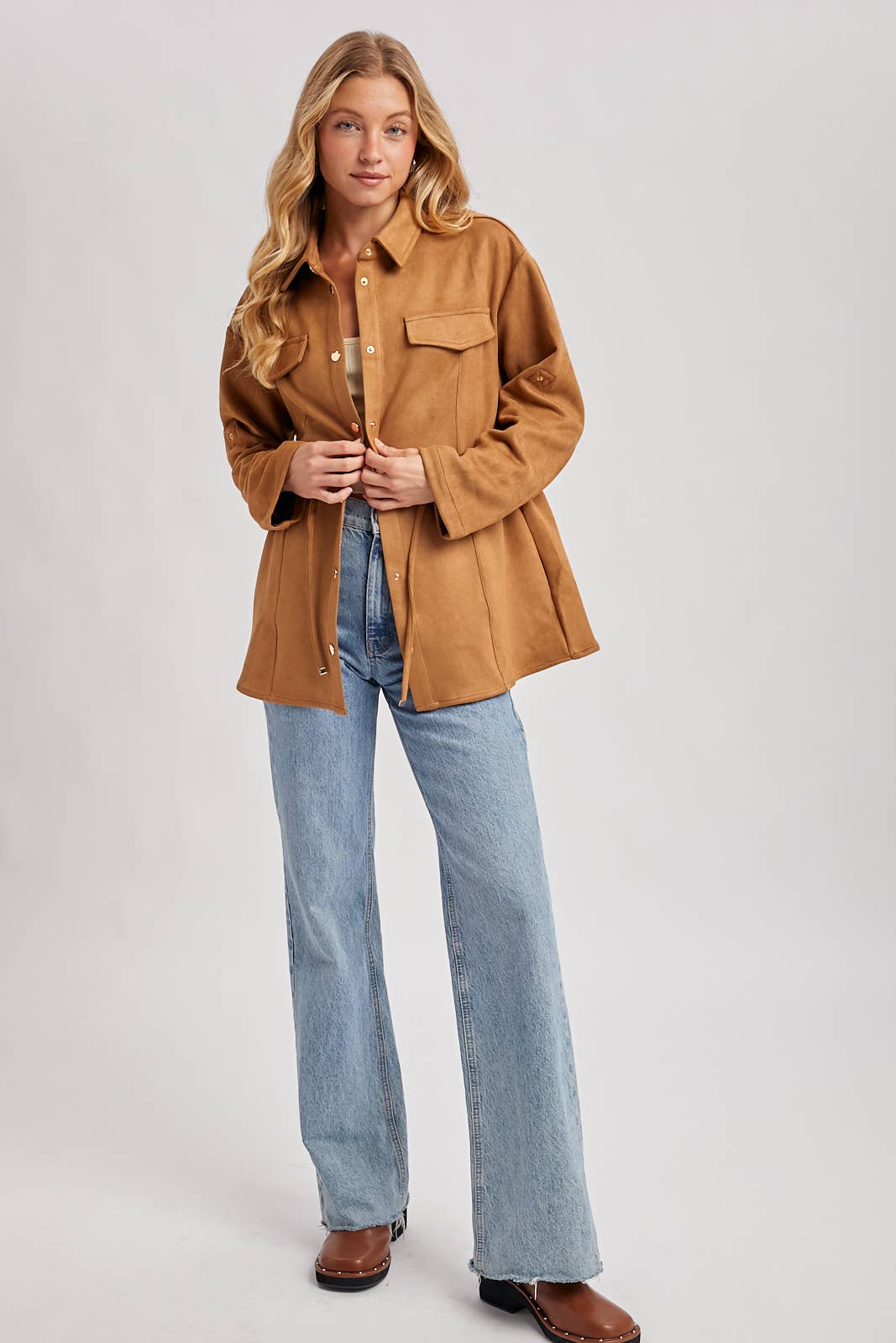FAUX SUEDE BUTTON DOWN ROLL-UP SLEEVE SHACKET