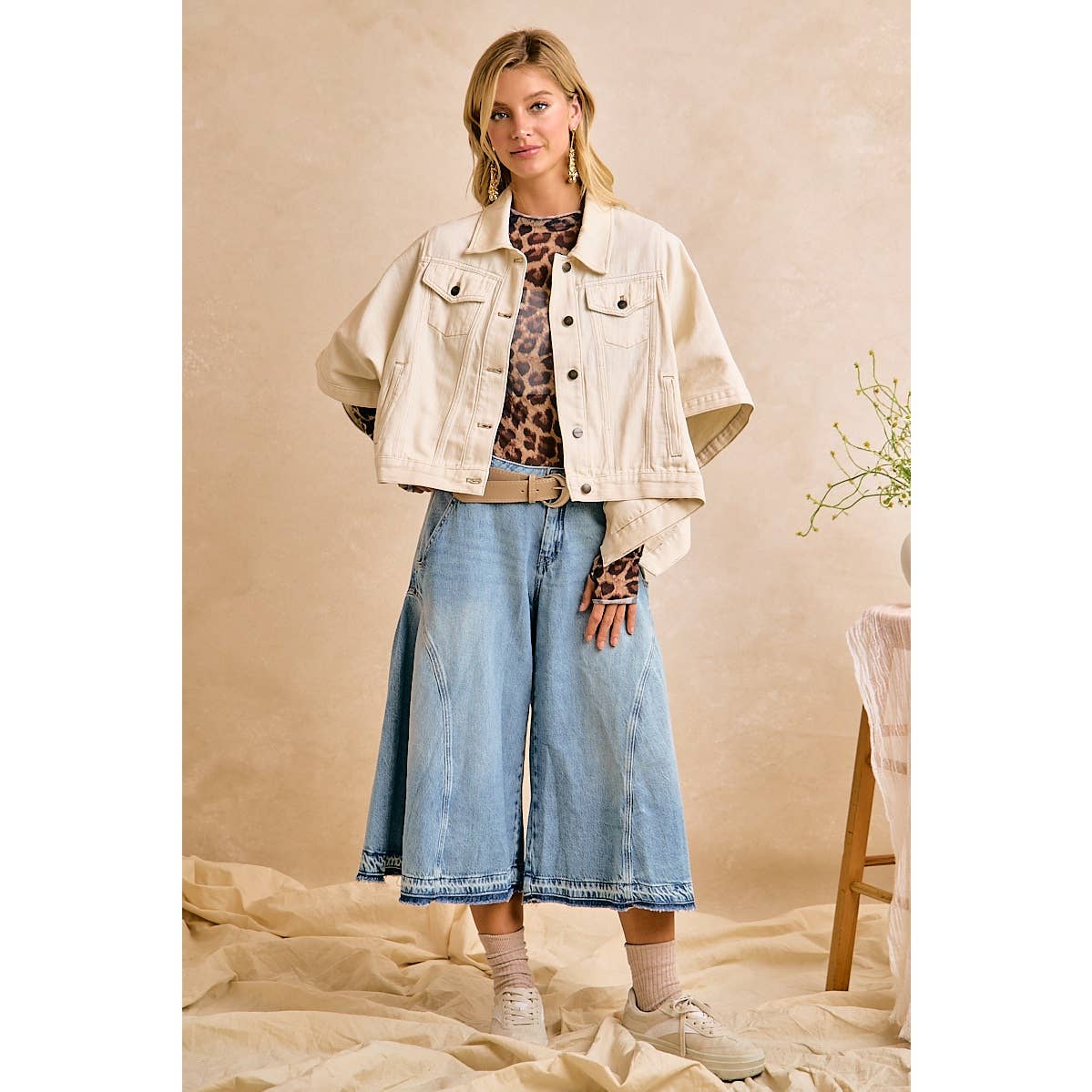IVORY OVERSIZED CAPE SLEEVE CROPPED DENIM JACKET