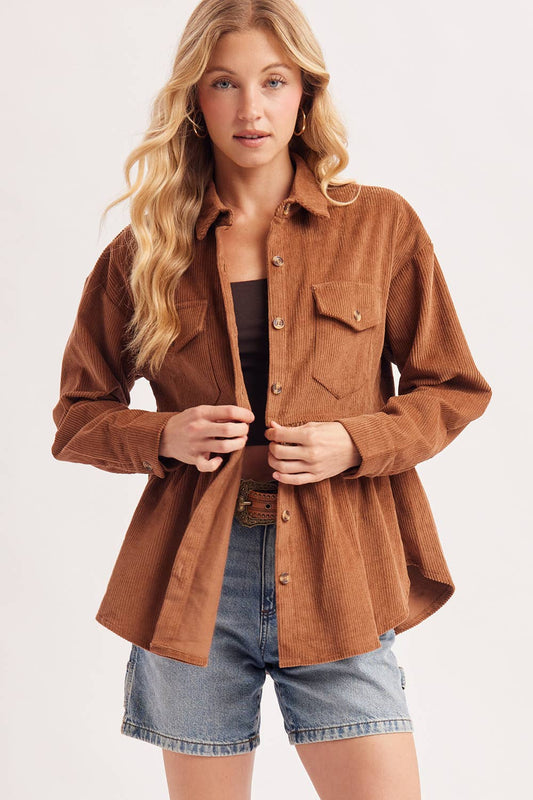 BUTTON DOWN CORDUROY PEPLUM SHACKET