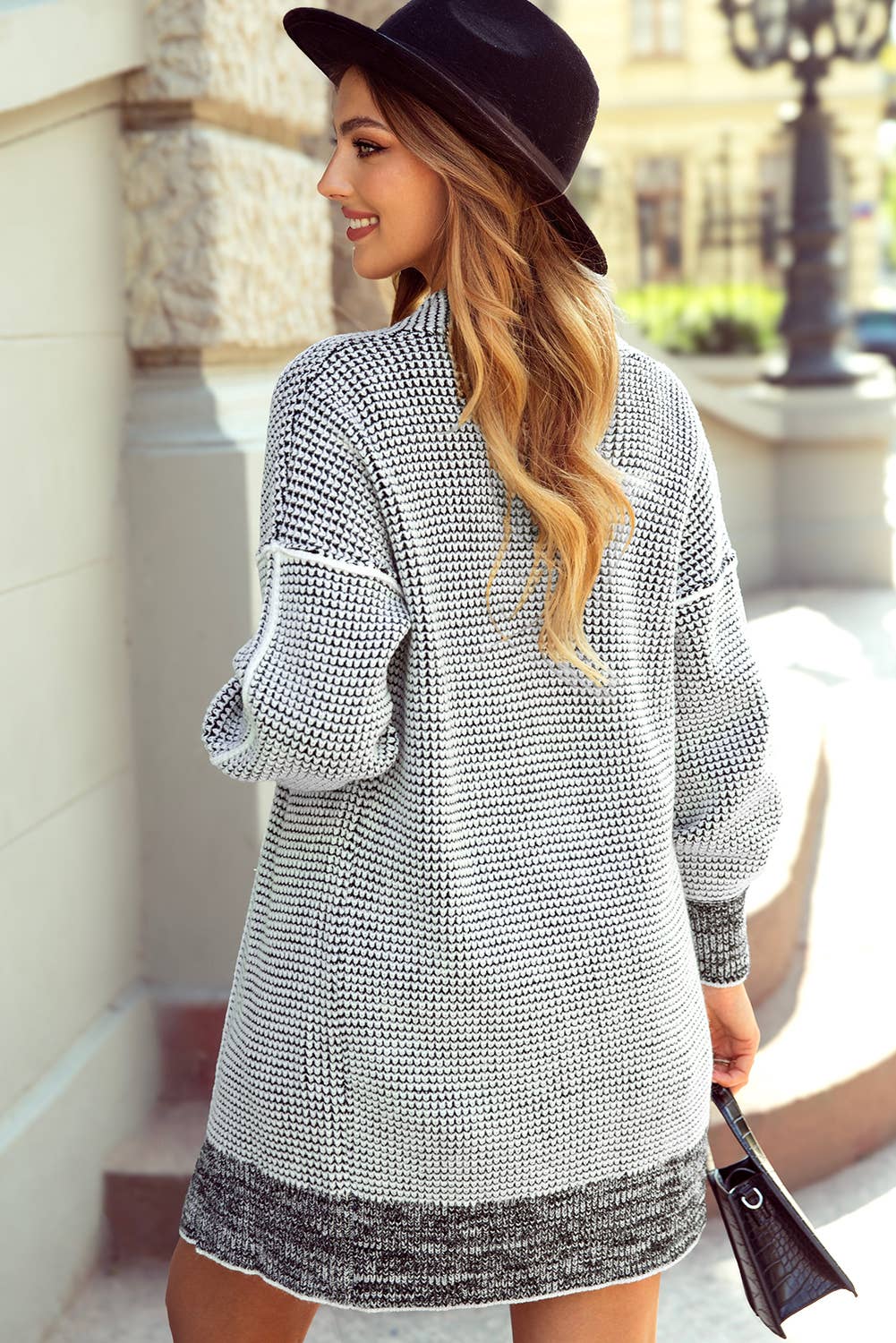 Plaid Knitted Long Open Front Cardigan