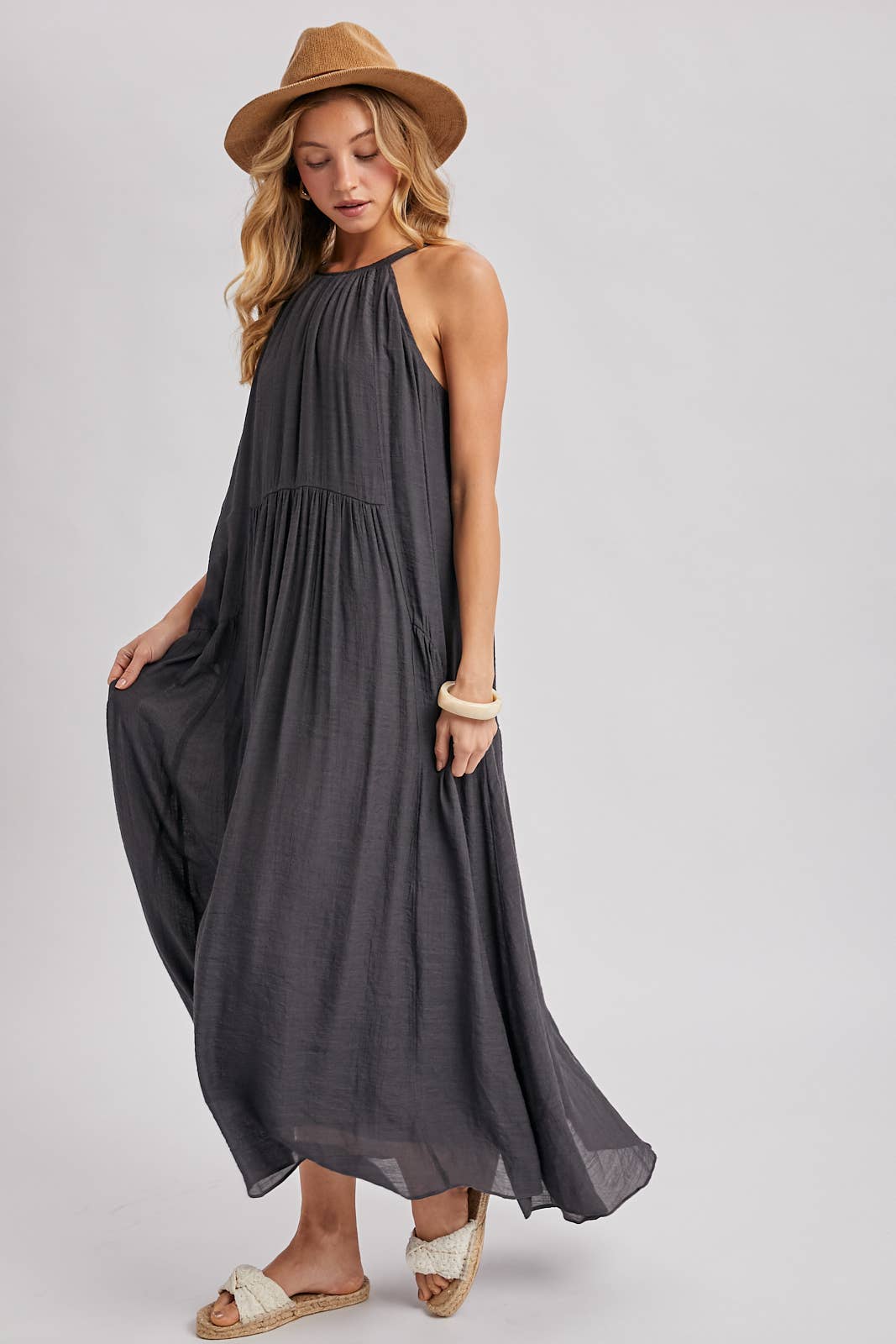 GATHERED HALTER NECK FLOWY MAXI DRESS