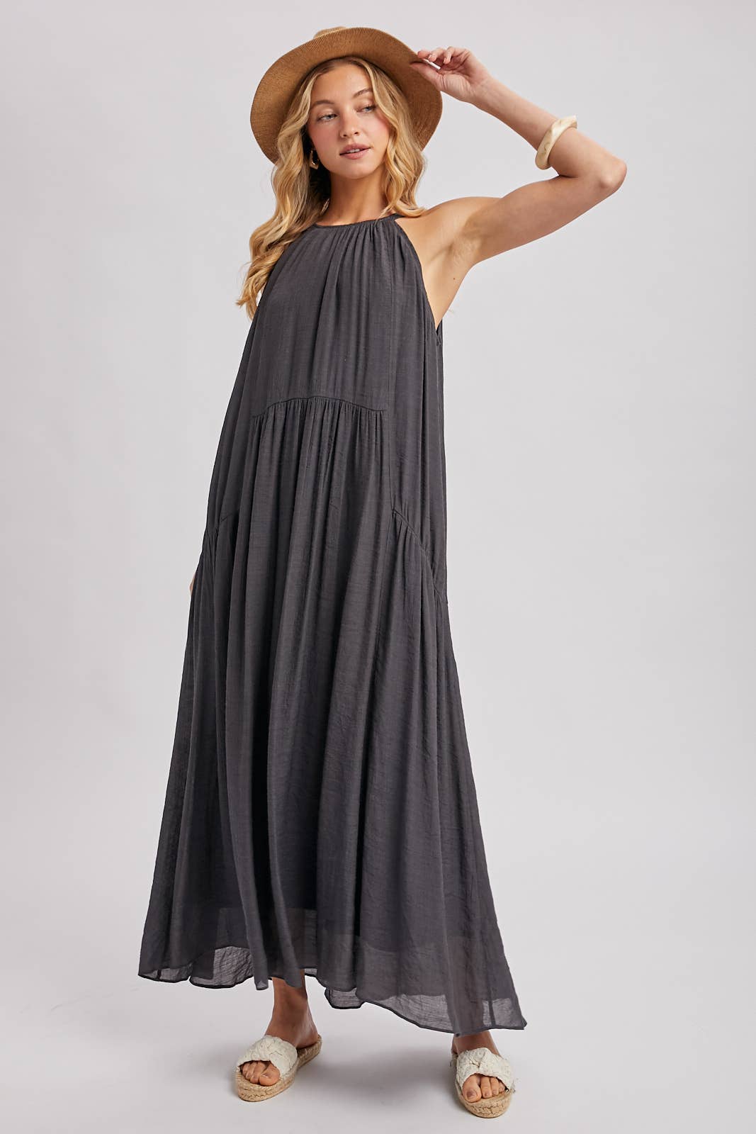 GATHERED HALTER NECK FLOWY MAXI DRESS