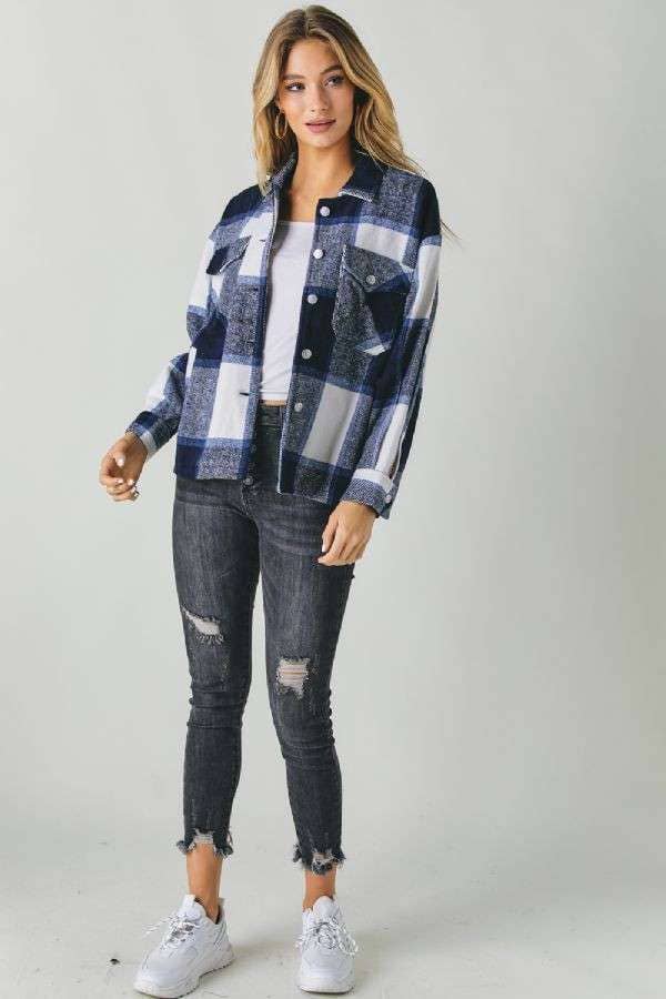 Oversized Plaid Button Front Shirt Jacket