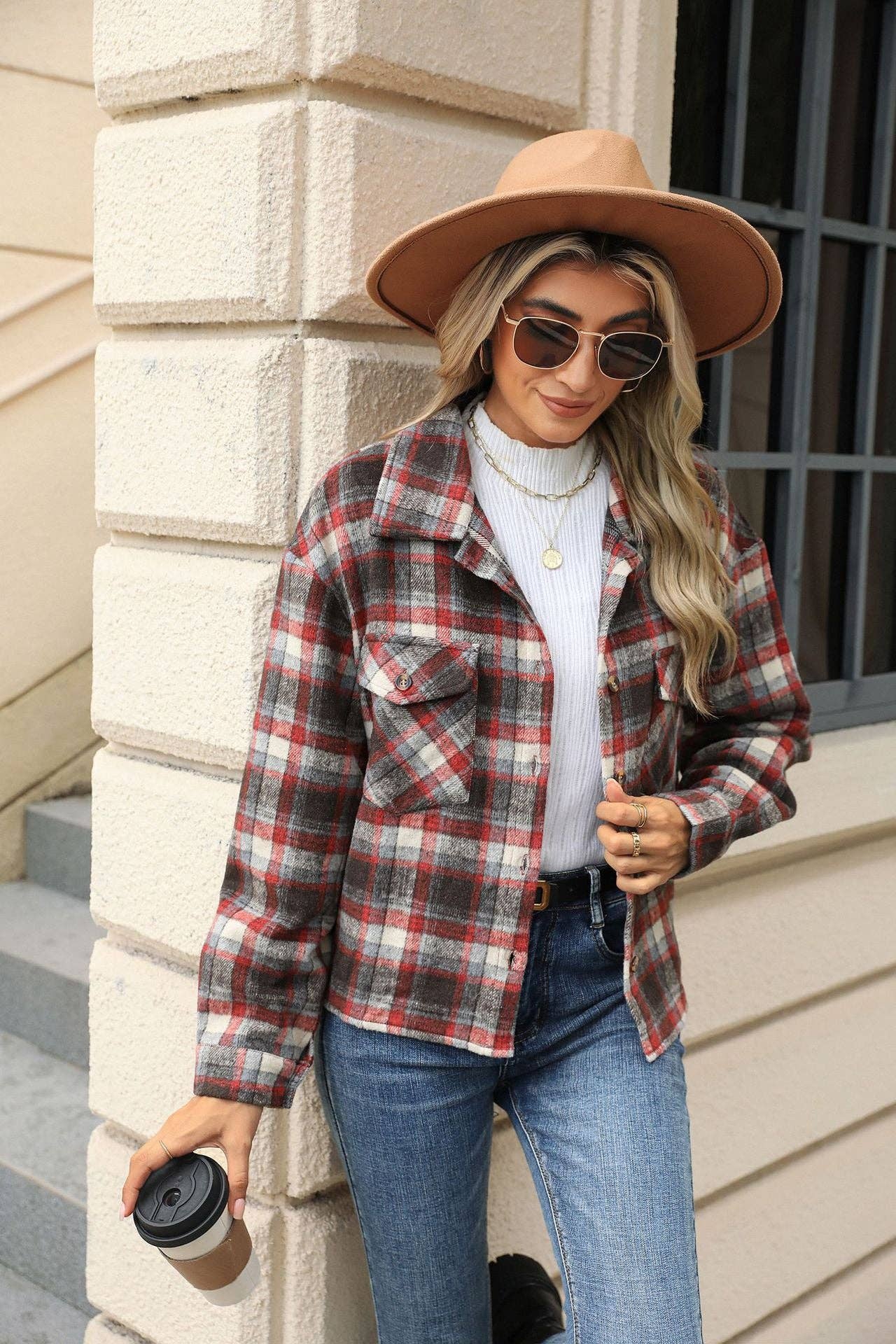 Long Sleeve Loose Pocket Plaid Top