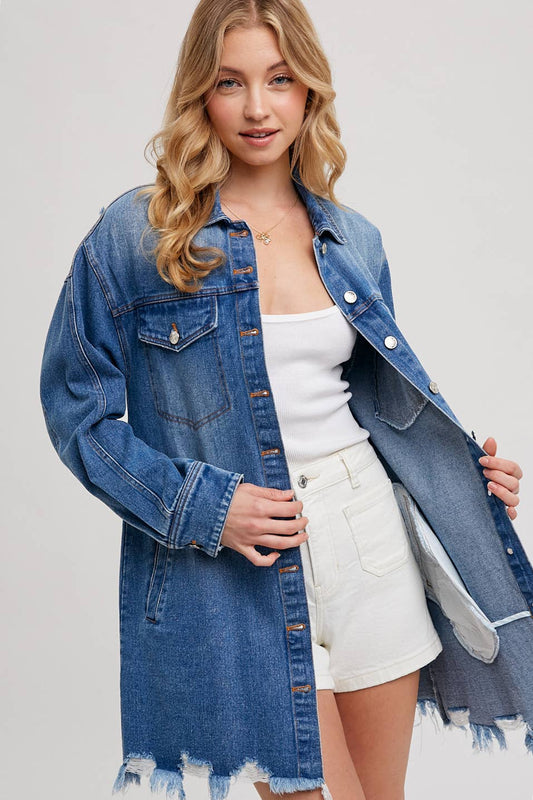 DISTRESSED FRAYED-TRIM DENIM SHIRT JACKET