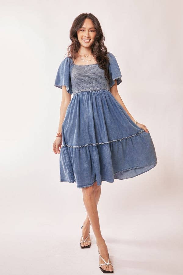 DENIM SHORT SLEEVE ELASTIC RUCHED CHEST DRESS
