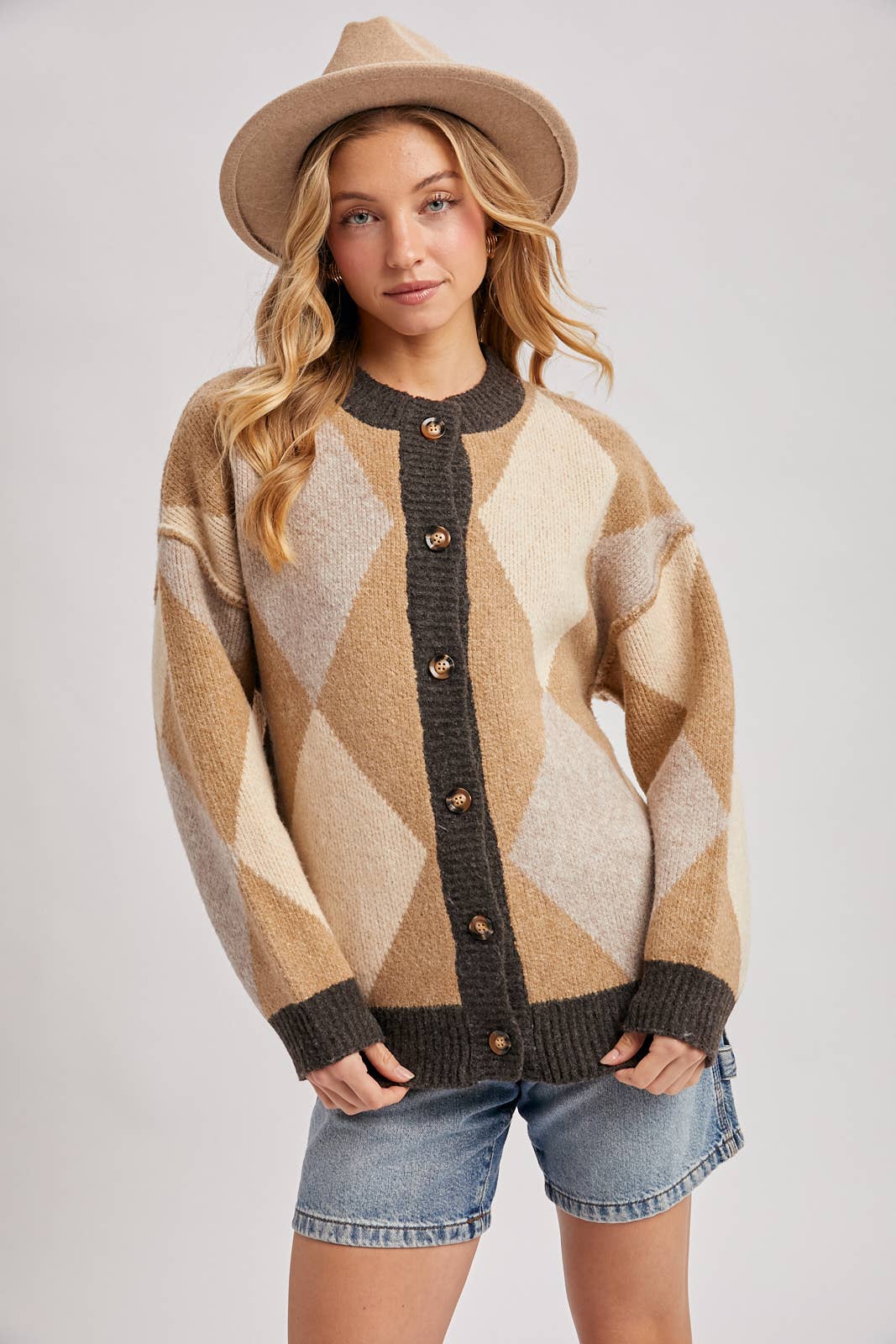 BUTTON DOWN ARGYLE KNIT SWEATER CARDIGAN