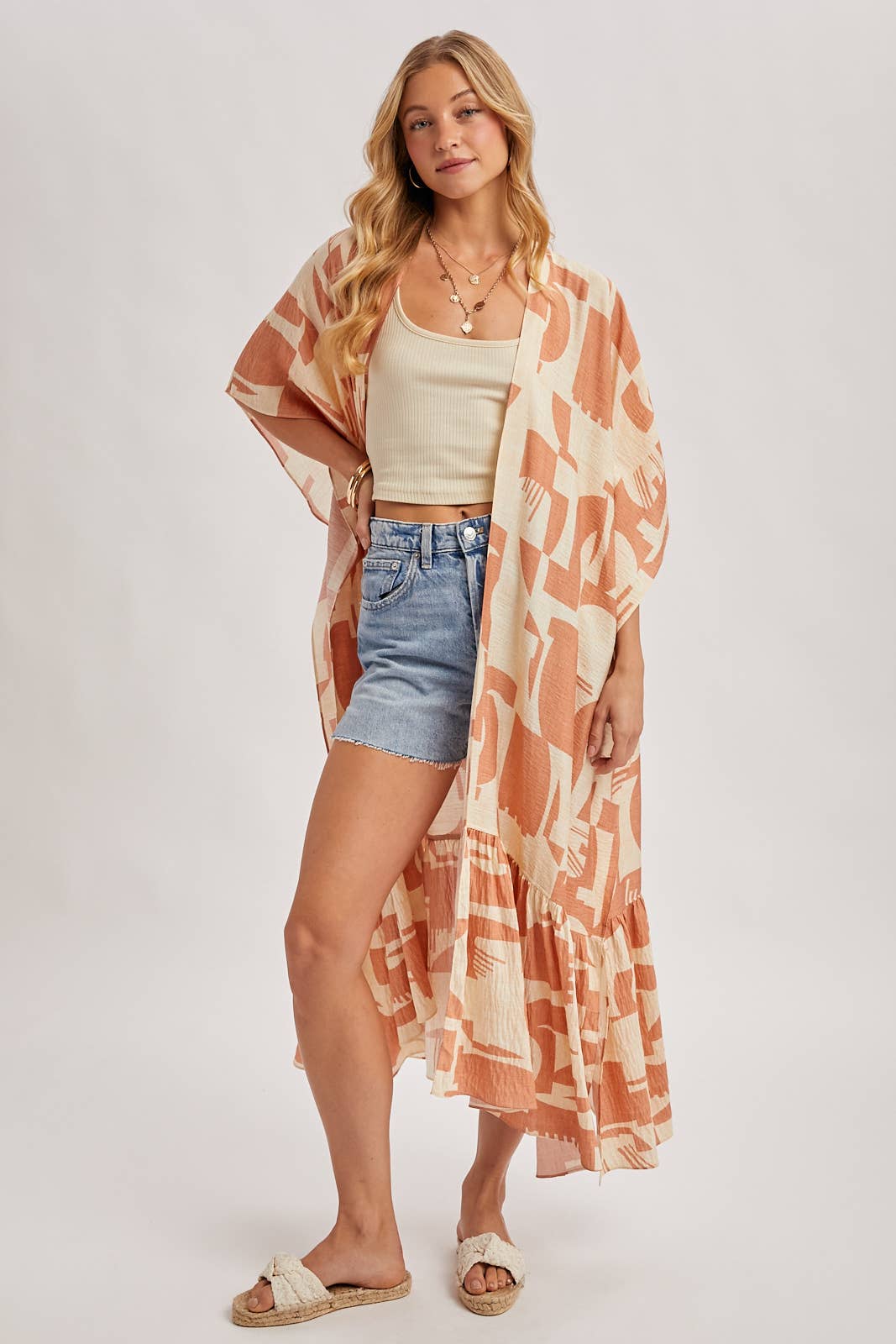 BOHO RUFFLE TIERED OPEN FRONT GEO PRINT MAXI KIMONO