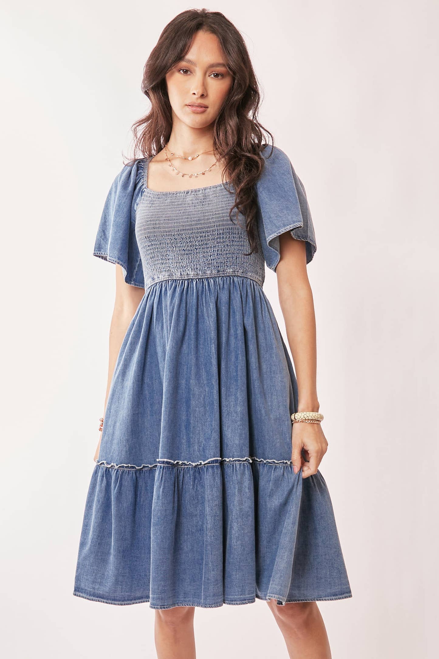 DENIM SHORT SLEEVE ELASTIC RUCHED CHEST DRESS