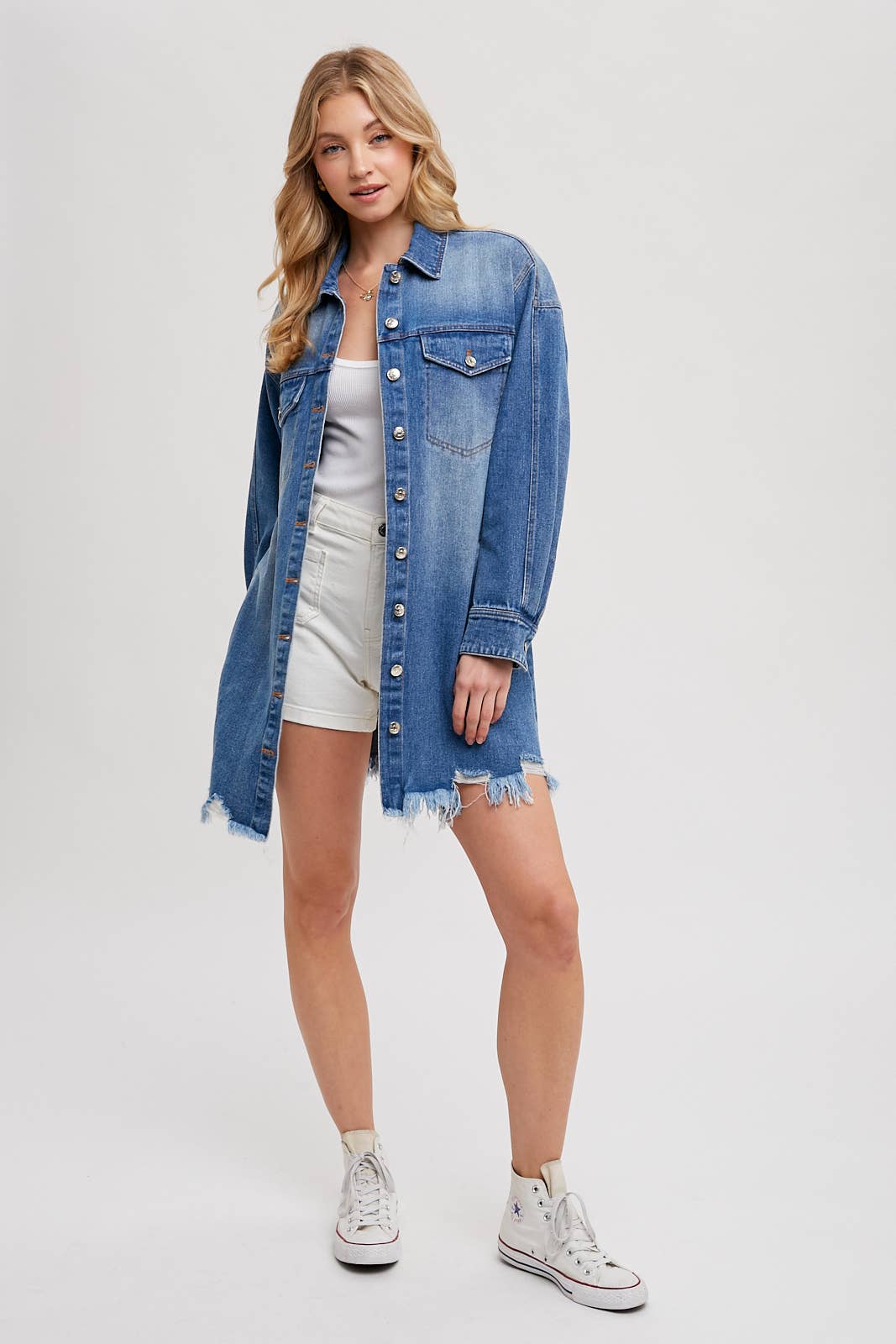 DISTRESSED FRAYED-TRIM DENIM SHIRT JACKET