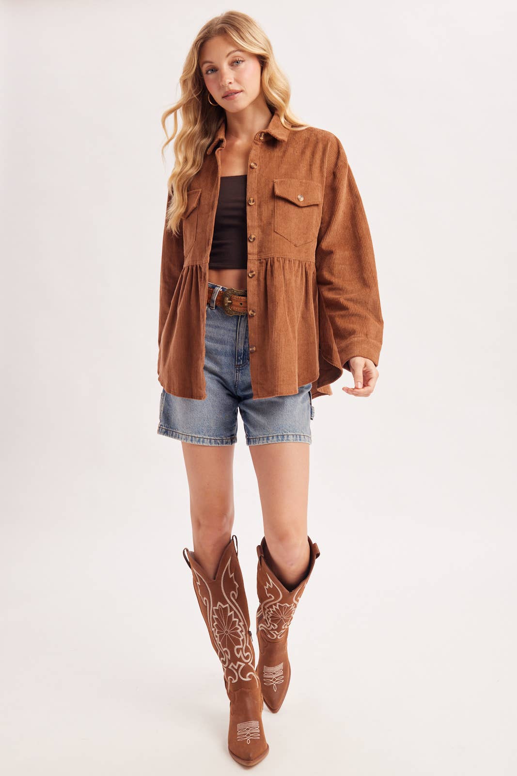 BUTTON DOWN CORDUROY PEPLUM SHACKET