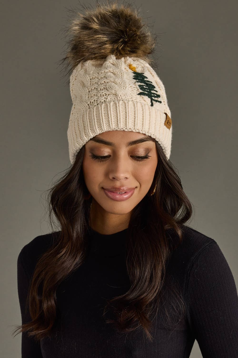 Beige Cable Knit Pom Hat w/ Embroidered Tree