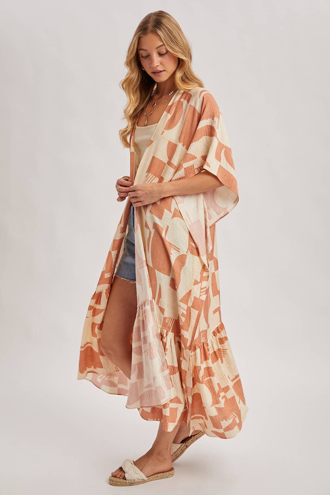 BOHO RUFFLE TIERED OPEN FRONT GEO PRINT MAXI KIMONO