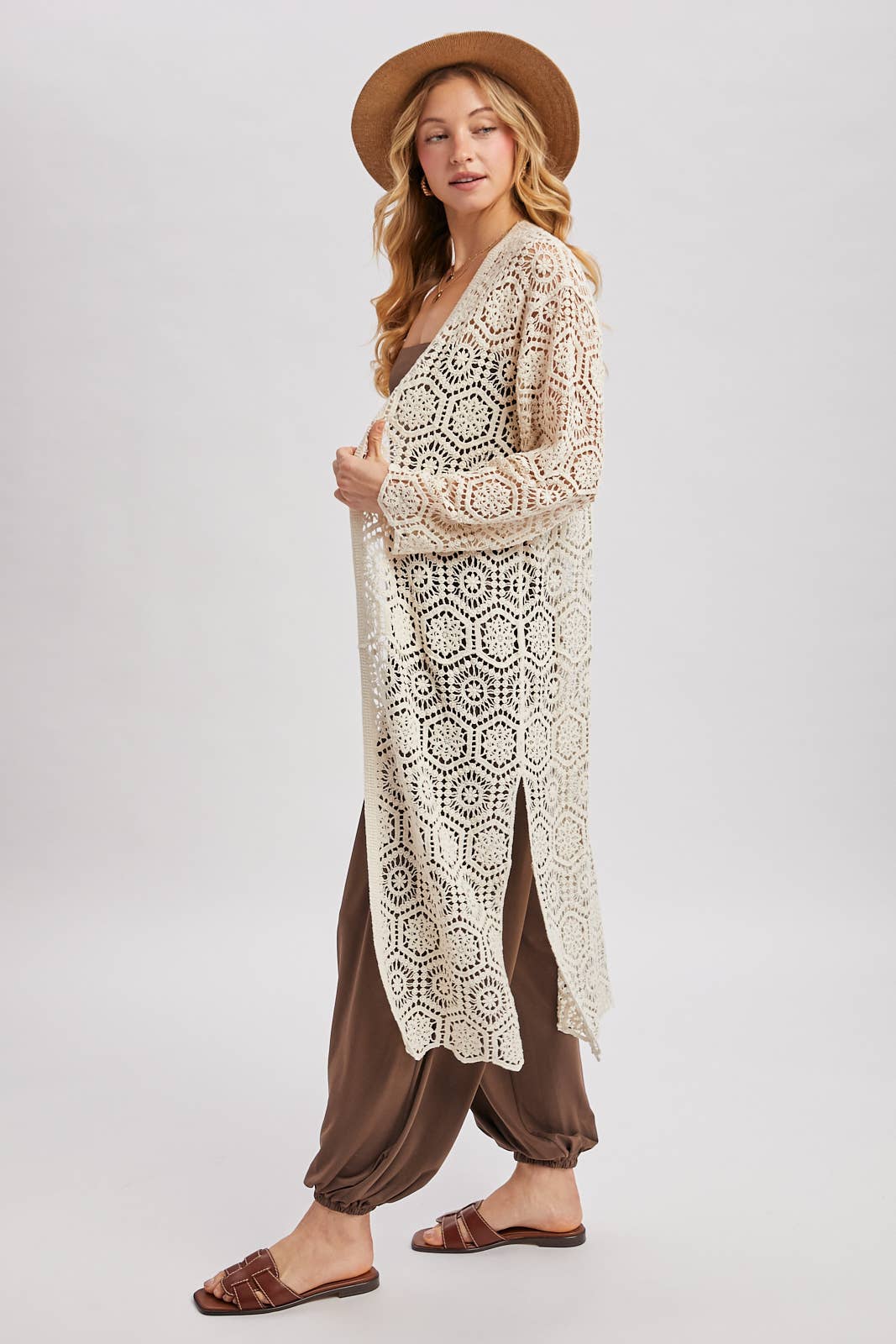 BOHO LONG LINE SIDE SLIT CROCHET CARDIGAN