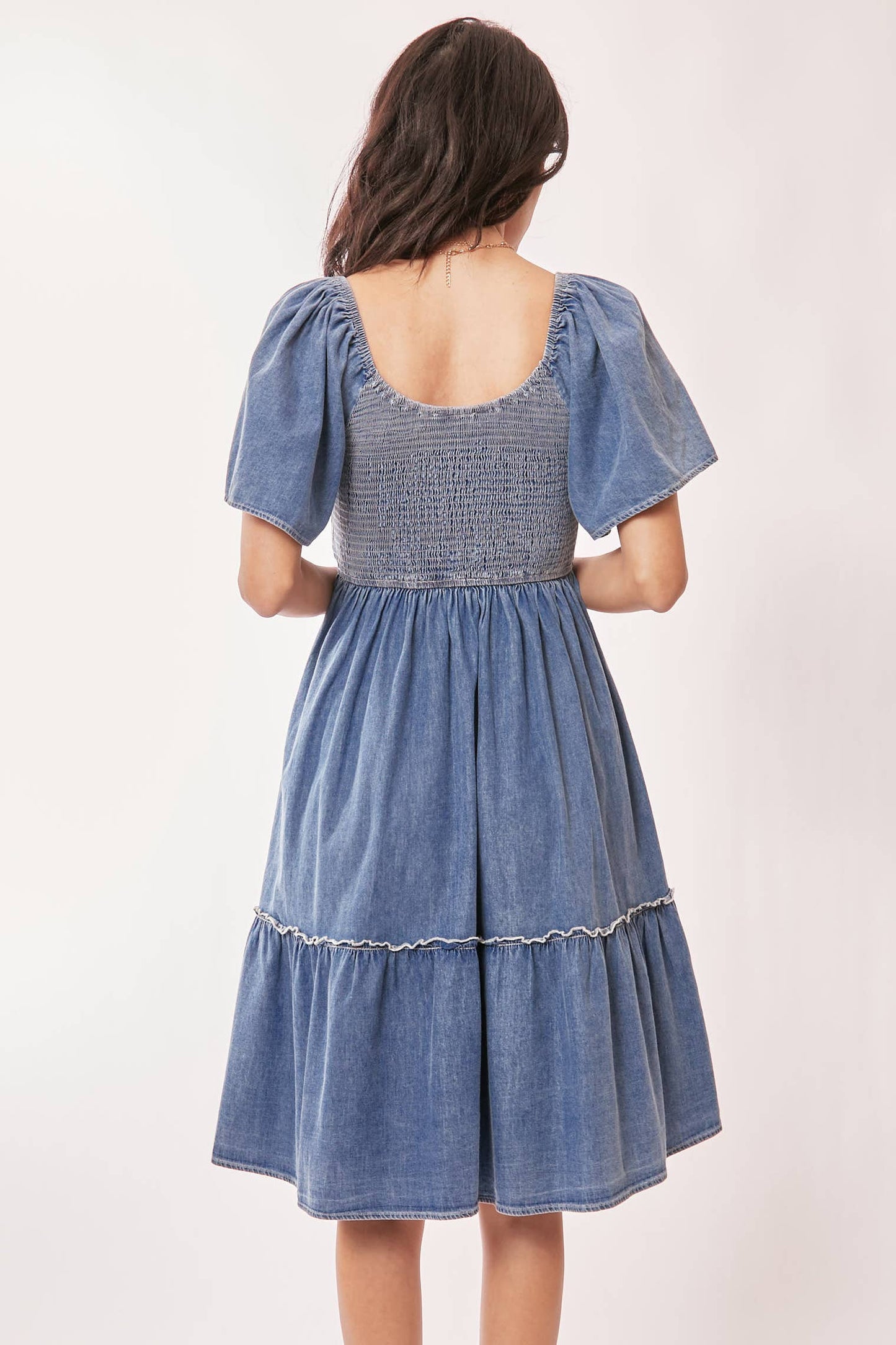 DENIM SHORT SLEEVE ELASTIC RUCHED CHEST DRESS
