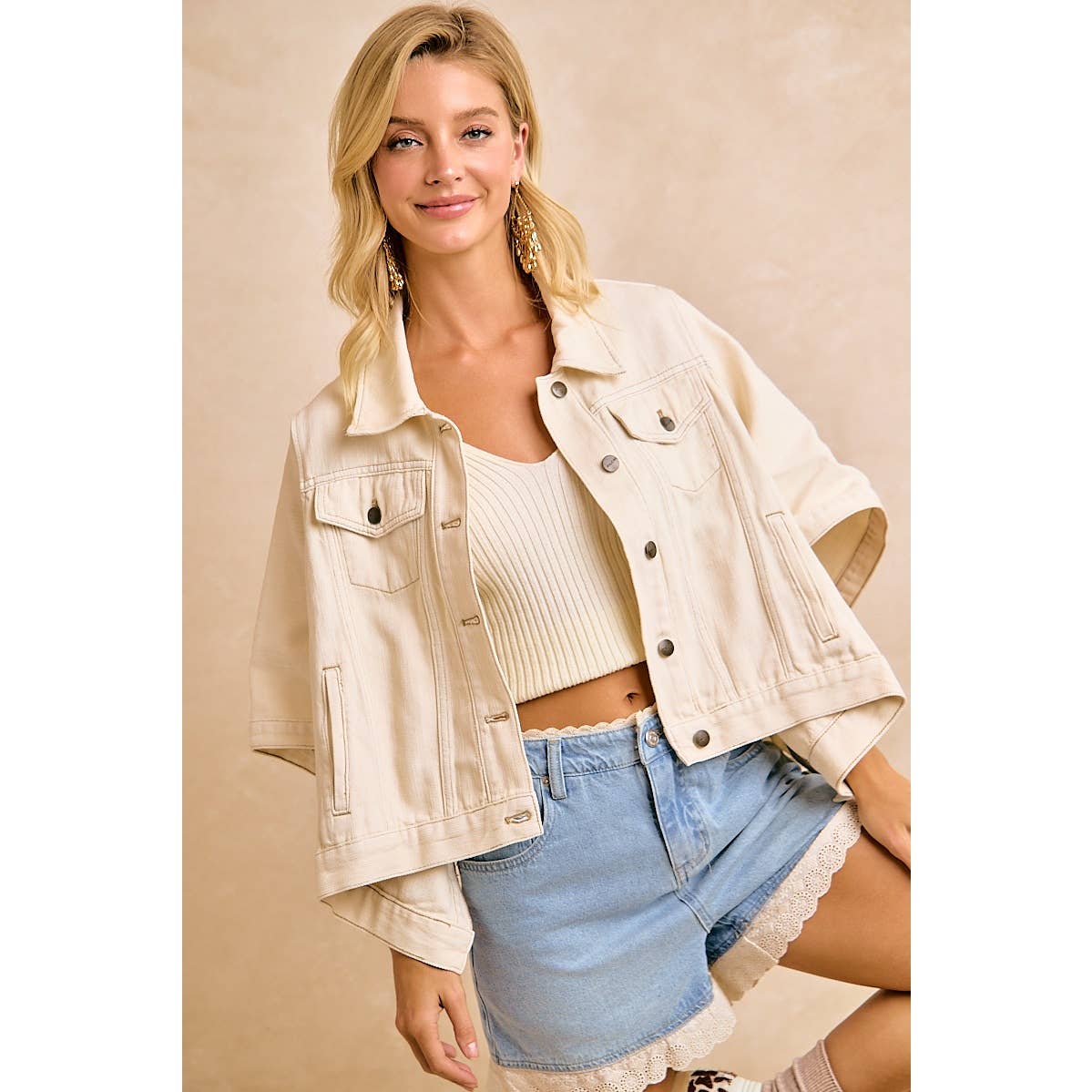 IVORY OVERSIZED CAPE SLEEVE CROPPED DENIM JACKET