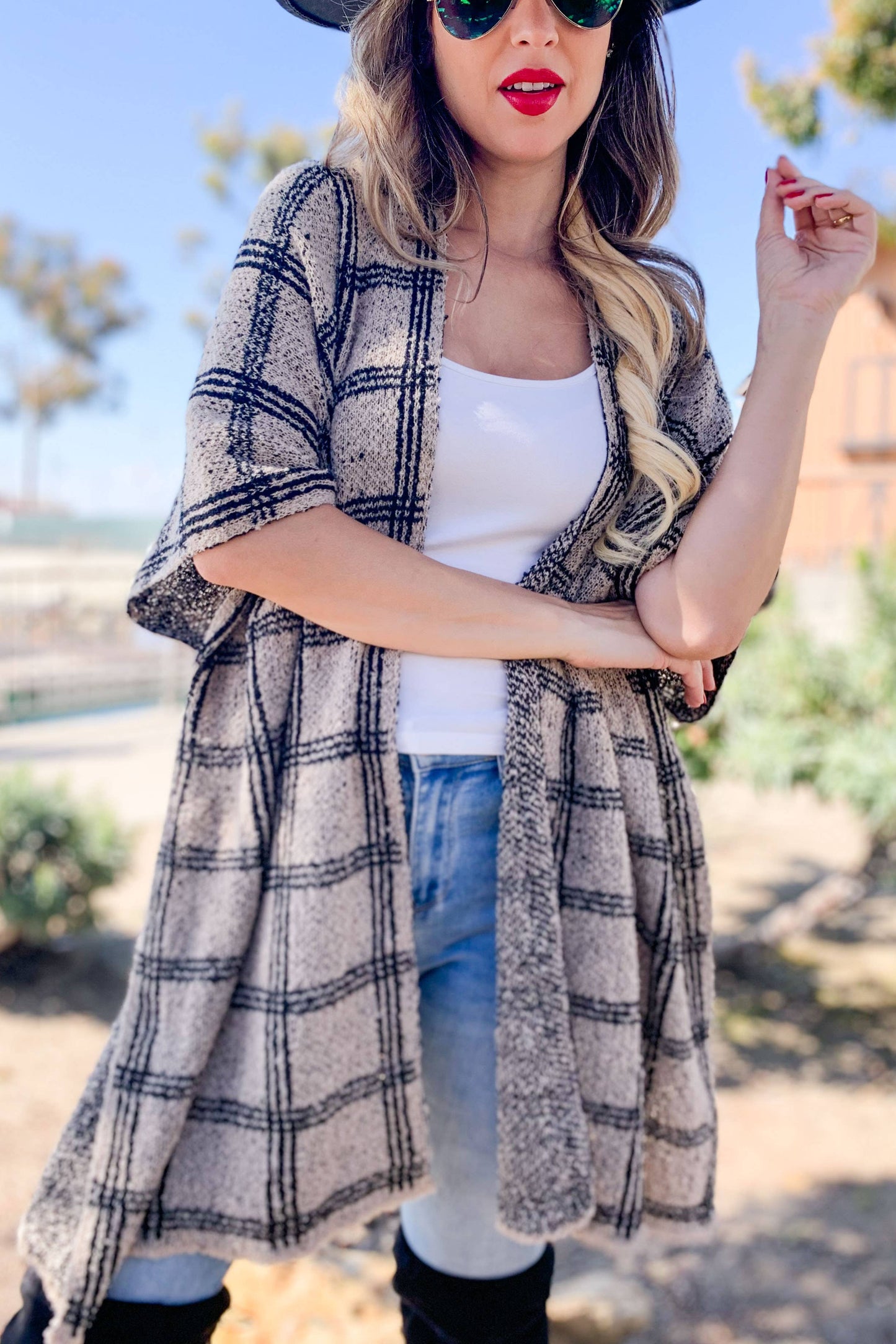 Plaid Printed Knitted Kimono Cardigan