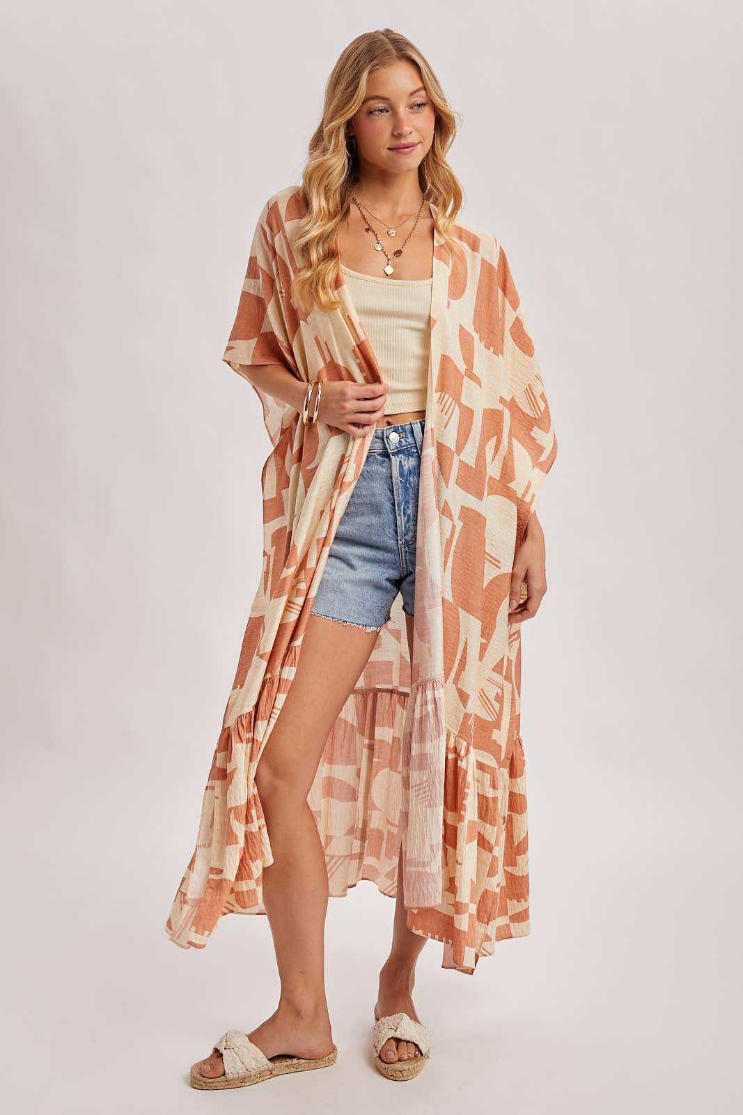 BOHO RUFFLE TIERED OPEN FRONT GEO PRINT MAXI KIMONO
