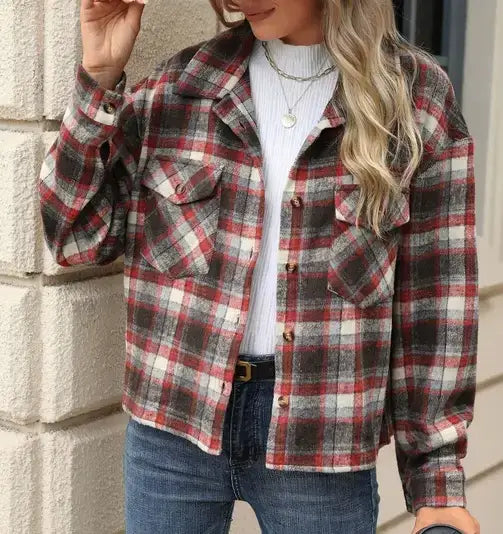 Long Sleeve Loose Pocket Plaid Top