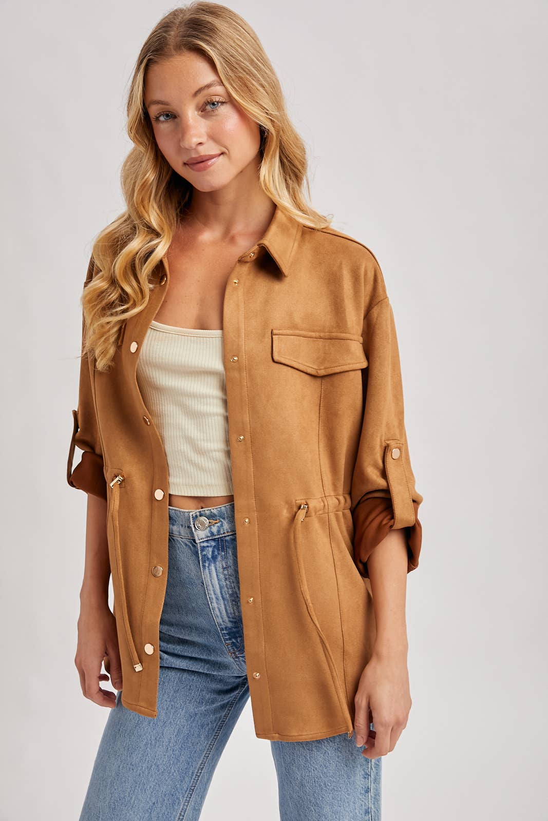 FAUX SUEDE BUTTON DOWN ROLL-UP SLEEVE SHACKET