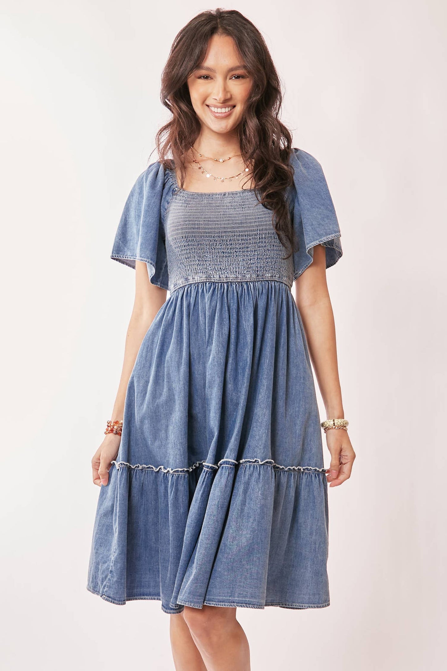 DENIM SHORT SLEEVE ELASTIC RUCHED CHEST DRESS