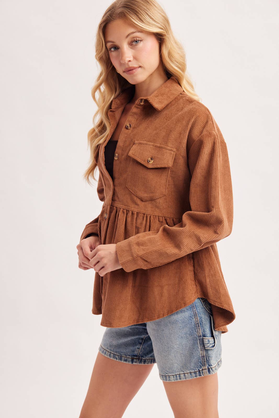 BUTTON DOWN CORDUROY PEPLUM SHACKET