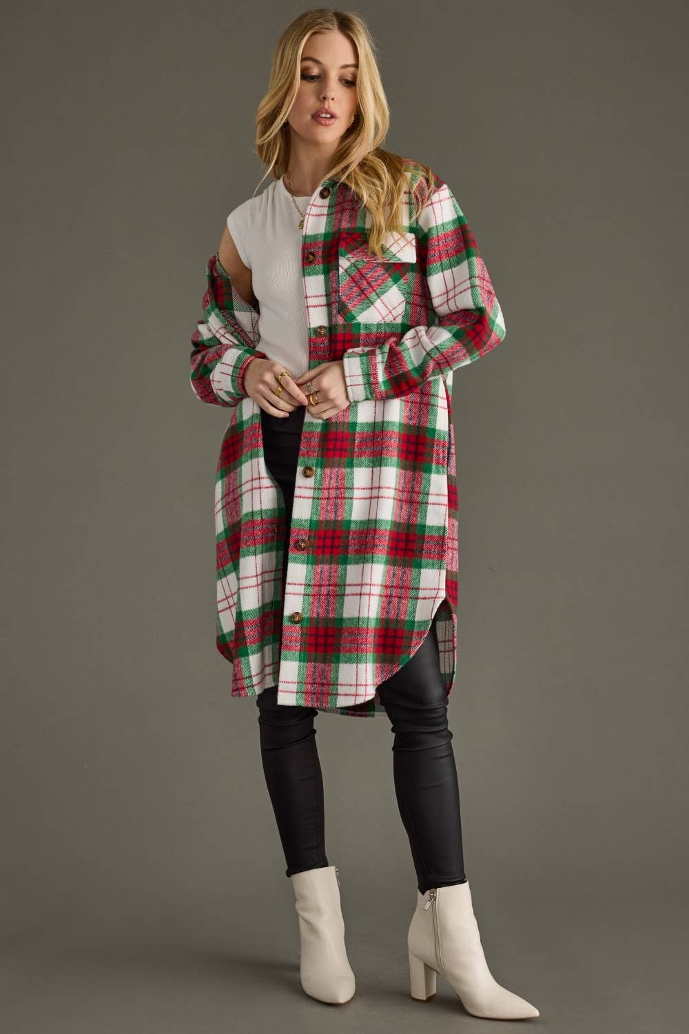 Red, Green & White Plaid Long Shacket