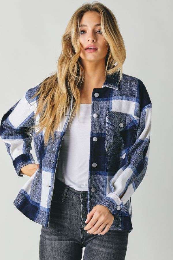 Oversized Plaid Button Front Shirt Jacket