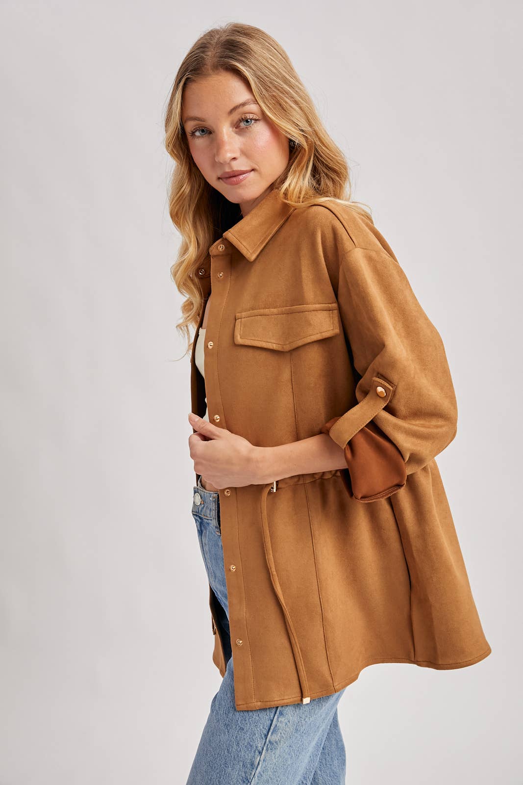 FAUX SUEDE BUTTON DOWN ROLL-UP SLEEVE SHACKET
