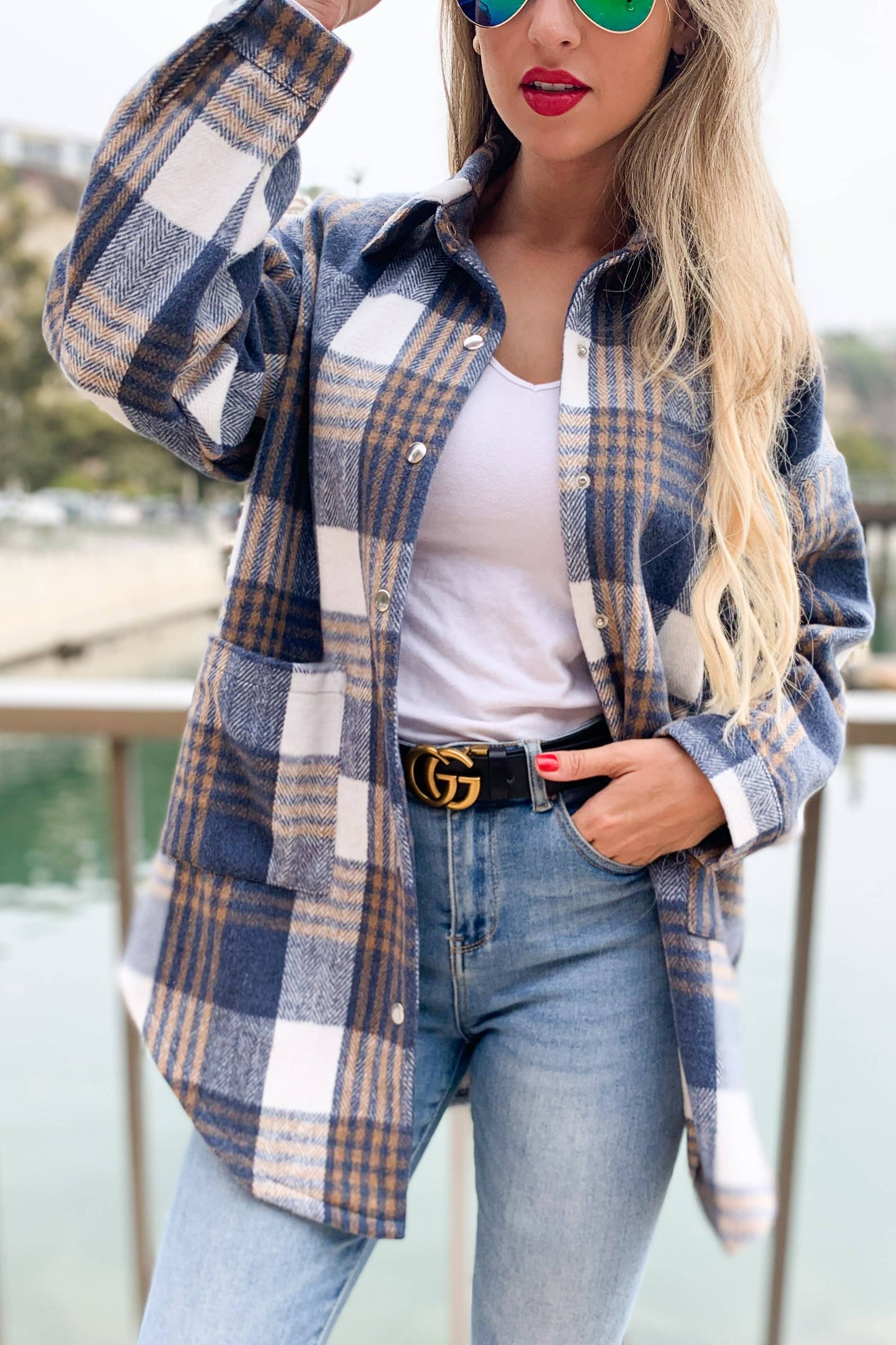 Blue Plaid Print Side Button Down Detail Oversized Jacket