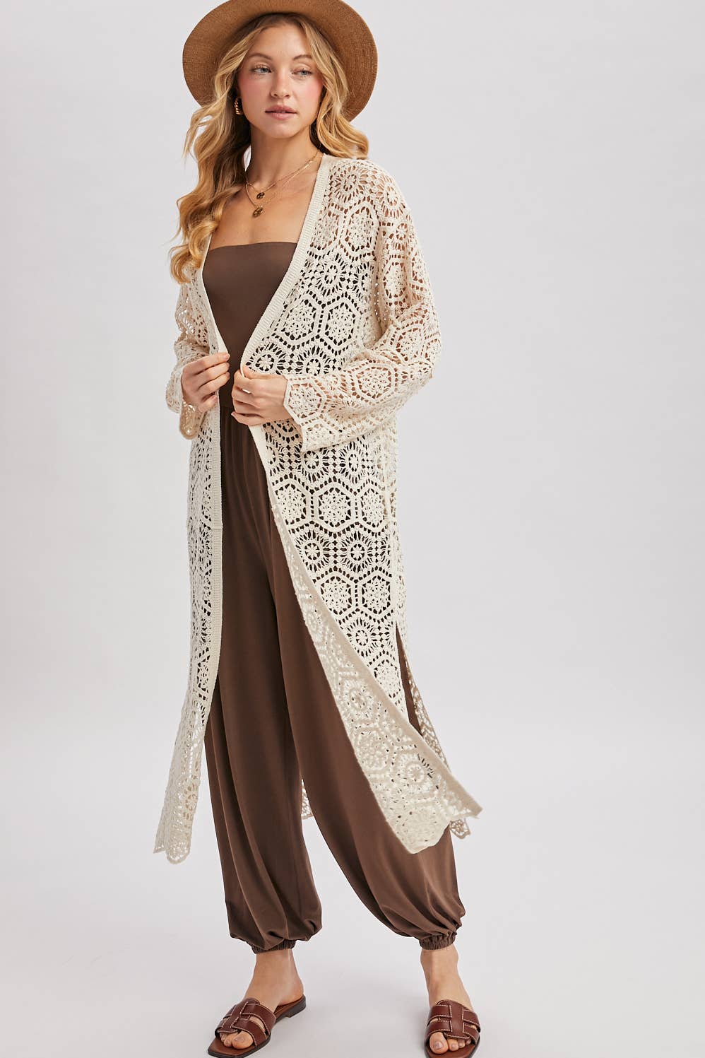 BOHO LONG LINE SIDE SLIT CROCHET CARDIGAN
