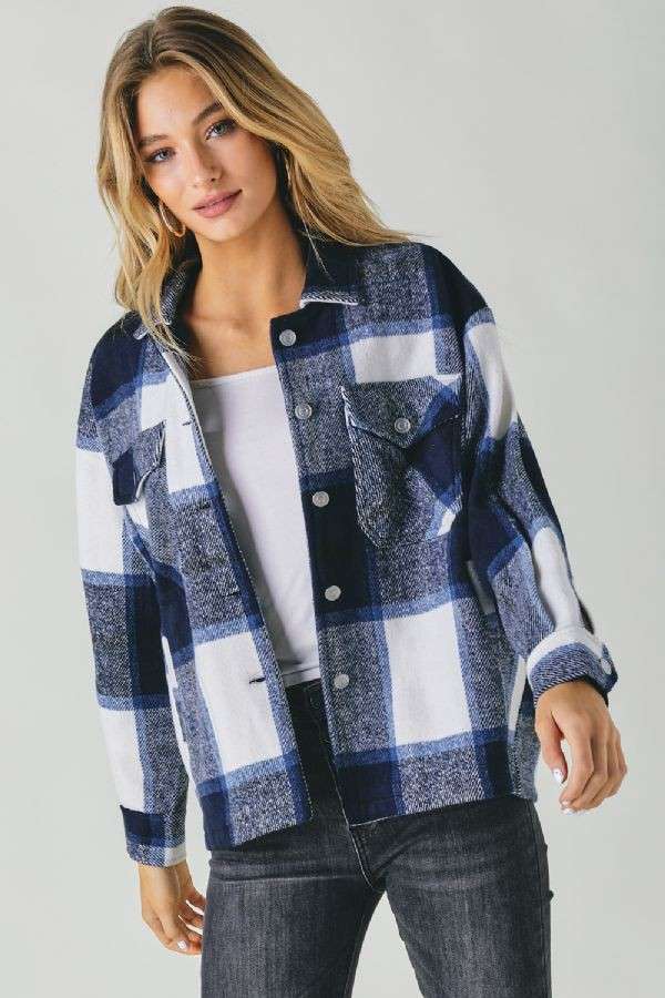 Oversized Plaid Button Front Shirt Jacket